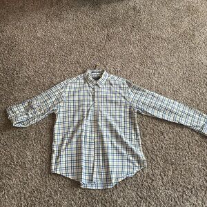 Eddie Bauer Plaid Shirt L Relaxed Fit Yellow Blue Green Button Down Casual